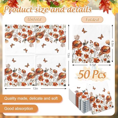 JarThenaAMCS 50Pcs Fall Floral Paper Napkins Vintage Autumn Wildflower Luncheon Napkin Flower Dessert Dinner Hand Napkin for Thanksgiving Harvest Wedding Birthday Party Supplies