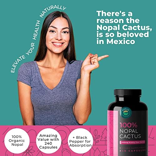 Nopal Cactus Capsules 1500mg- Organic Sun-Dried Prickly Pear Cactus Powder & Black Pepper Extract for Absorption- Natural Prickly Pear Super Supplement- Fiber, Vitamins and Minerals 240 Capsules