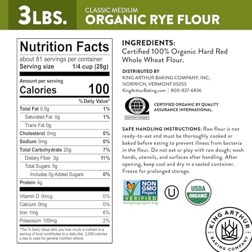 King Arthur Organic Medium Rye Flour - 3 lbs for Complex Flavorful Breads & Baked Goods - 100% US Grown & Milled - Non-GMO Project Verified - Robust Flavor for Rye Bread, Cookies & More
