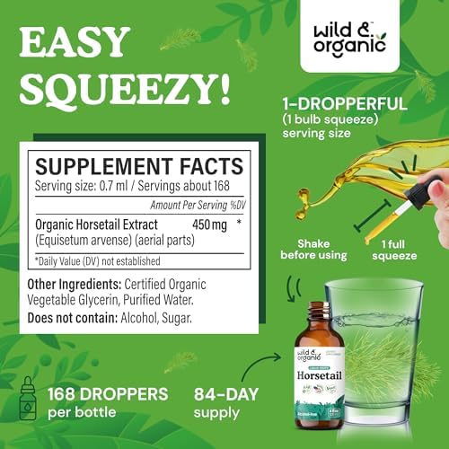 Wild & Organic Horsetail Herb Tincture - Hair Skin and Nails Support - Liquid Horsetail Supplement - Vegan, Sugar & Alcohol-Free Leaf Extract Drops - 4 fl oz