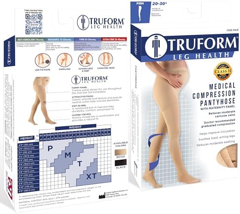 Truform 20-30 mmHg Maternity Compression Pantyhose, Tummy Support for Pregnant Bumps, Beige, X-Tall