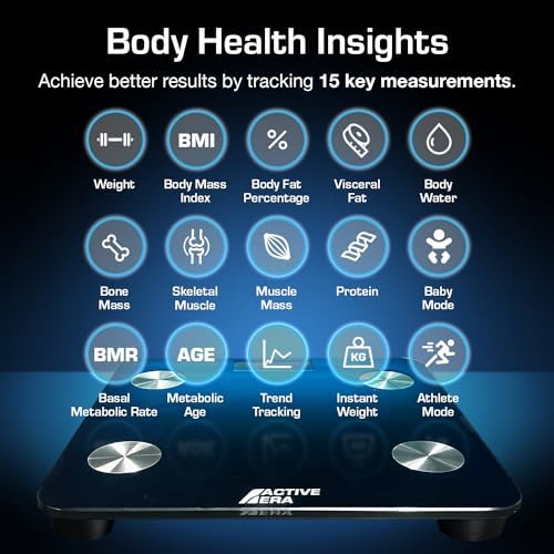Active Era Digital Bathroom Bluetooth Scales Weight and Body Fat - Fit Track Scale Calculates BMI, Body Fat Percentage, Muscle Mass - Apple Health, Google Fit & Fitbit Compatibility (Black)