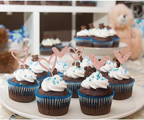 24 PCS Rose Gold Glitter Heart Cupcake Toppers Cute Design Love Cupcake Toppers for Wedding Bridal Anniversary Baby Shower Party Decorations Supplies