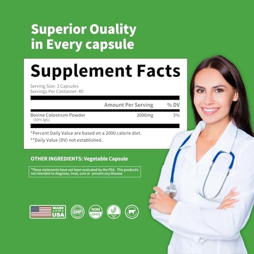 Bovine Colostrum Capsules Supplement 2000mg- 120 Capsules - Gut Health, Muscle Recovery, Energy, Hair, Skin and Immune Supplement | 50% IgG Cow Colostrum for Humans | Superfood, Gluten Free.