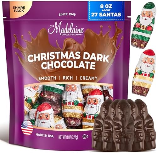 Madelaine Solid Premium Dark Chocolate Mini Santas - Christmas Candy, Holiday Treats - Individually Wrapped In Italian Foil Featuring Assorted Holiday Designs (1/2 LB)