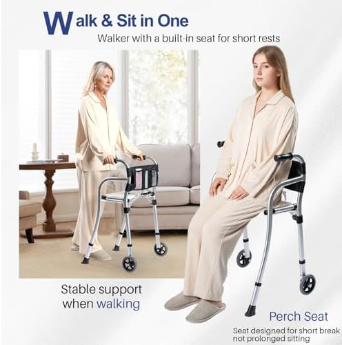 Narrow Walkers for Seniors, Folding Standard Walker with Seat, Lightweight Aluminum Mobility Rolling Walker for Seniors and Adults, Compact Travel Walker Height Adjustable, Supports 350 lbs，Only 8LBS
