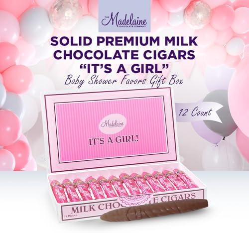 Madelaine Solid Premium Milk Chocolate Cig It's a Girl Baby Shower Favors Gift Box - Made with Cocoa Bean & Swiss-Formulated Chocolate - 12 Count Individually Wrapped in an Elegant Hard Box