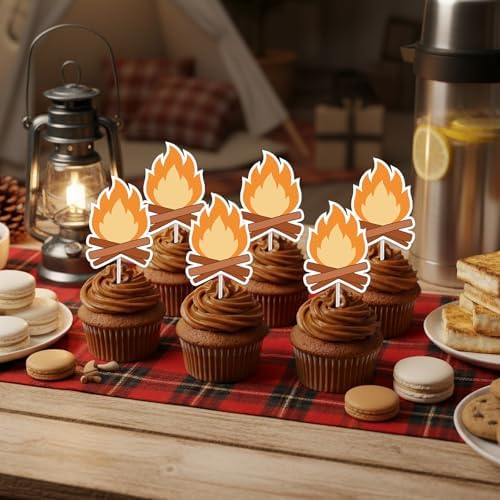 36Pcs Gold Glitter Bonfire Dessert Cupcake Toppers Pick for Camping Out Campfire Adventure Theme Decor Supplies Men Boys Women Girls Happy Birthday Sports Stars Party Supplies