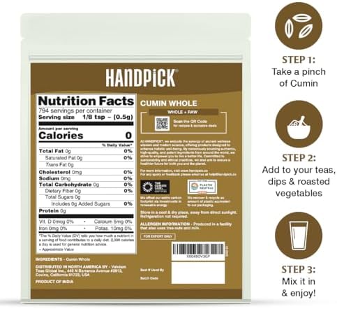 HANDPICK Cumin Seeds (397g/14oz) Non GMO, Gluten Free, 100% Raw, Sourced from India, Excellent Flavor, Aromatic, For Tempering, Spice Blends and Seasonings, Packed in Resealable Ziplock Pouch