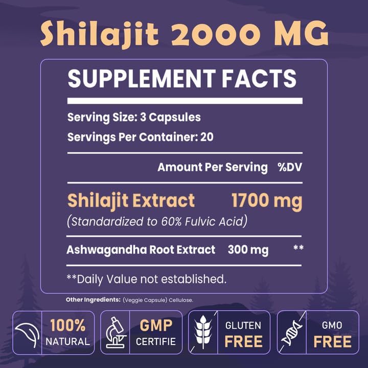 2000 MG Shilajit Supplement,Shilajit Resin Organic,Shilajit Capsules,100% Pure Shilajit with 85+ Trace Minerals & 60% Fulvic Acid,Boost Energy & Immunity,Vegetarian,Natural,60 Capsules