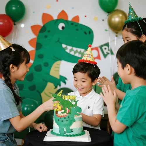 Dinosaur Rex 3rd Birthday Cake Decorations - Green Glitter Dino T-Rex Three Year Old Cake Topper for Dinosaurs Theme Kids Boys 3 Years Old Birthday Party Supplies Decoration