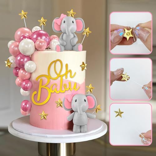 38 PCS Elephant Cake Decoration Cute Baby Elephant Cake Decorations Oh Baby Cake Topper Star Cake Topper Pink Pearl Balls Cake Picks for Baby Shower Girl Elephant Theme Party Supplies
