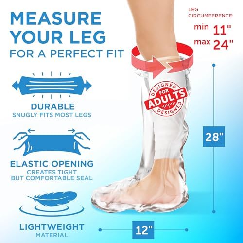 100% Waterproof Cast Covers for Shower Leg - 2pk - Tight Seal - Reusable Adult Half Leg Cast Protectors - Knee, Ankle, Foot - After Surgery Bandage and Dressing Cast Bag for Wounds and Burns