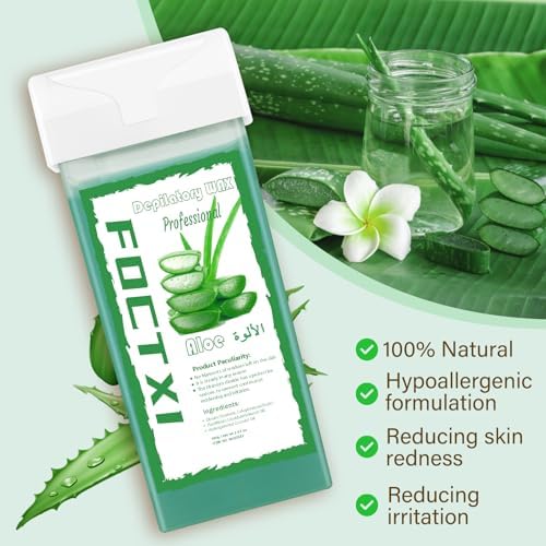 Roll on Wax Cartridge, 4 Hair Removal Aloe Vera Ｗax Cartridge with 10 Pack Cleaning Oil Wipes, Depilatory Wax Roller Refill for Women Sensitive Skin