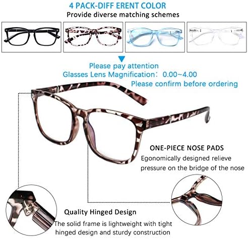 Henotin 4-Pack Blue Light Blocking Reading Glasses Women Men,Spring Hinge Computer Readers,Anti UV Ray Square Nerd Eyeglasses (4 pack Mix Color, 1.50, Diopters)