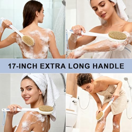 Back Scrubber for Shower with Long Handle, Exfoliating Bath Brush for Body - Double Sided Bristles (Stiff & Soft), Anti-Slip Grip, Lightweight - Gift for Seniors, Includes Lanyard & Hook, Blue