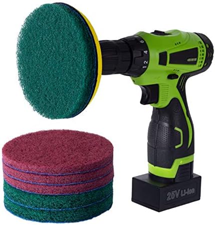 Kichwit 5 Inch Drill Powered Brush Tile Scrubber Scouring Pads, 2 Different Stiffness, 5-Inch Pad Holder with 6 Scrubbing Pads, Cleans Large Flat Areas Perfectly (Drill NOT Included)