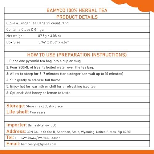 Herbal Tea for Cloves Whole & Ginger Tea Bags 25 Pyramid Bags (3.5g Each) Ginger Root & Clove Tea Bags for English Breakfast Tea - Caffeine Free - Chai Tea Bags