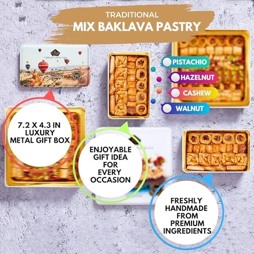 Cerez Pazari Baklava Pastry 8.5oz, Baklava Gift Box with Rich Pistachios, Walnuts, Hazelnuts and Cashews, Halal Shatila Baklava, Traditional Turkish Arabic Dessert Gift Box, Sweet Food Gifts for Women