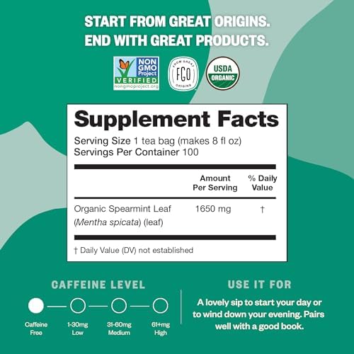 FGO Organic Spearmint Leaf Tea, 100 Count, Eco-Conscious Tea Bags, Caffeine Free, Resealable Bag, Packaging May Vary (Pack of 1)