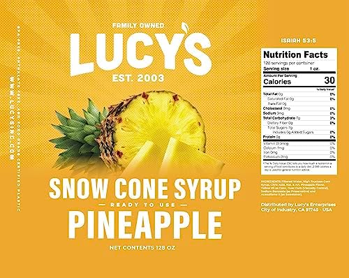 Lucy's Family Owned - Shaved Ice Snow Cone Syrup, Pineapple - 1 Gallon (128oz.)