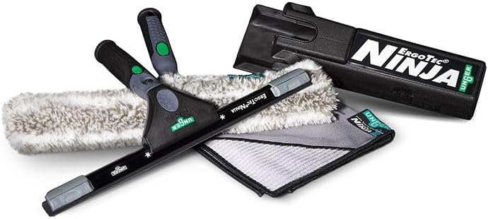 Unger Commercial ErgoTec Advanced Window Cleaning Ninja Kit 4-in-1 – Squeegee, Scrubber, Tool Holder, Microfiber Cloth – Professional Indoor/Outdoor Window Cleaning Equipment, WNK12