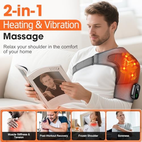 Shoulder Heating Pad with Massage, Cordless Heated Shoulder Brace Wrap Massager for Pain Relief Deep Tissue, Rotator Cuff Heating Pad, Gray