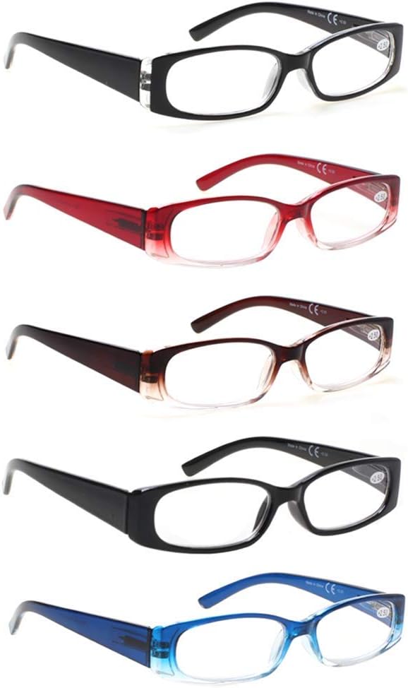5 Pack Spring Hinge Reading Glasses Rectangular Fashion Quality Readers for Men and Women (5 Pack Mix, 2.00)Medium