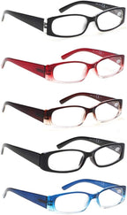 5 Pack Spring Hinge Reading Glasses Rectangular Fashion Quality Readers for Men and Women (5 Pack Mix, 1.25)Medium