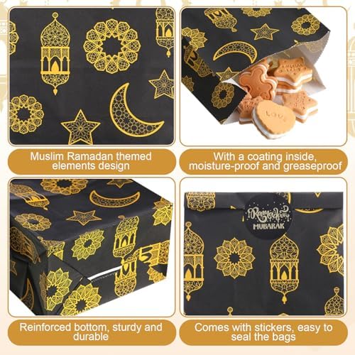 Saypacck 60 Pcs Eid Mubarak Gift Bags with Eid Stickers - Ramadan Party Favors - Black, 9.4 x 5.1 x 3.1 inches