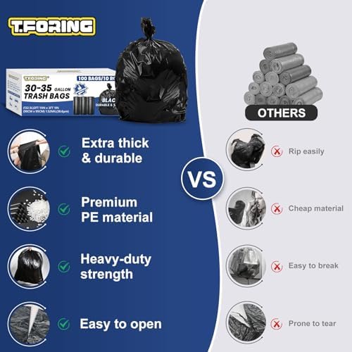 30-35 Gallon Trash Bags Heavy Duty 1.5 Mil - 35" x 37" 100 Count Large Black Garbage Bags 30+ Gallon Strong Plastic Trash Can Liners for Home Kitchen Commercial Lawn and Leaf