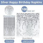 100PCS Silver Party Paper Napkins Happy Birthday Supplies Glitter Decorations Silver Diamond Theme Disposable Paper Lunch Napkins for Adults Kids Birthday Wedding Bridal Shower Favors