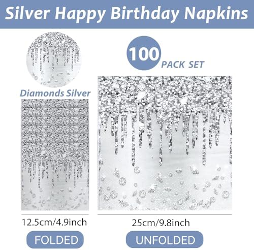 100PCS Silver Party Paper Napkins Happy Birthday Supplies Glitter Decorations Silver Diamond Theme Disposable Paper Lunch Napkins for Adults Kids Birthday Wedding Bridal Shower Favors