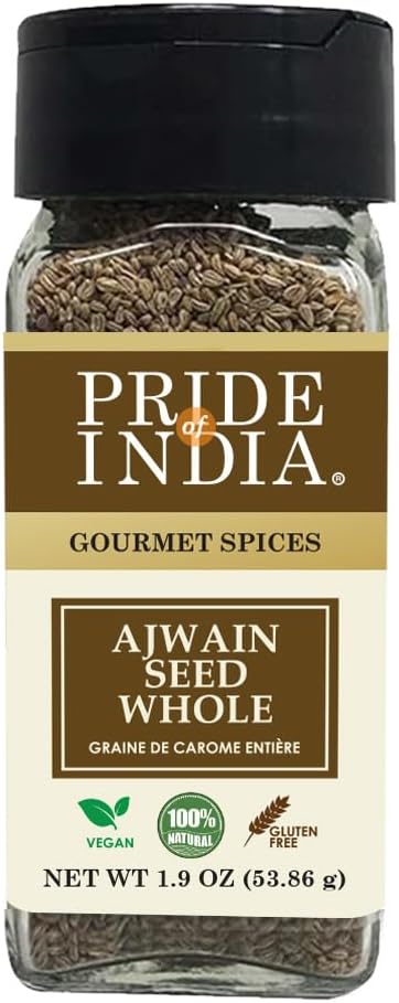 Pride of India - PACK of 6 - Ajwain Seed Whole – Gourmet Carom Seeds – Flavoring agent for Savory Dishes – Aromatic & Nutrient-Dense – Easy to Use – 2.1 oz. Dual Sifter Bottle