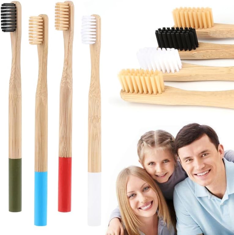 FRCOLOR 4Pcs Bamboo Toothbrushes Soft Bristle Wooden Toothbrushes for Adults Home Use Travel Tooth Brush Set with Ergonomic Handle Random Color
