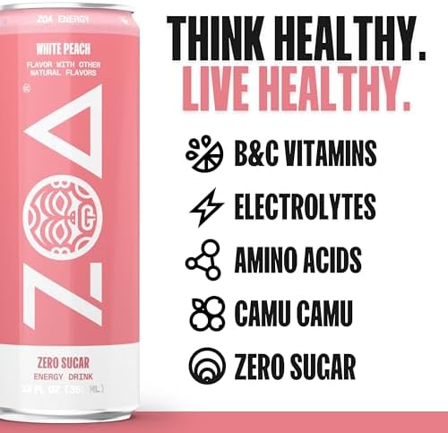 ZOA Zero Sugar Energy Drinks - White Peach | Healthy Energy Formula with Natural Caffeine, Daily Vitamin C, Essential B-Vitamins | Gluten-Free, Keto Friendly | 12 Ounce Cans (Pack Of 12)