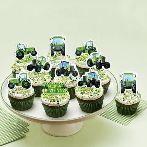 40PCS Edible Green Tractor Cupcake Toppers Edible Farm Tractors Cupcake Picks for Farm Tractor Birthday Party Cake Decoration Farmyard Baby Shower Boys Girls Birthday Decorations Supplies