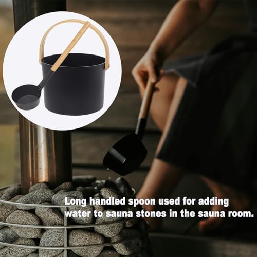 Sauna Bucket and Ladle Set, 7L Aluminum Sauna Bucket with Long Wooden Handle Spoon, Luxury Saunas Accessories Kit for Bathrooms, Saunas & Steam Baths(Black)