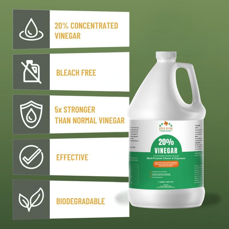 FIVE STAR MATERIALS RESOURCES 20% Vinegar Concentrated | White Vinegar for Cleaning and Garden | Home, and Outdoor Pure | Max Performance 7X Power | with Instructions (1 Gallon (128 fl oz))