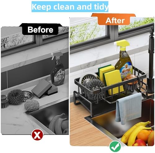Sponge Holder for Kitchen Sink, Kitchen Sink Caddy Rustproof 304 Stainless Steel Dish Sponge Organizer with Detachable Dishcloth Rack Bathroom Organizer Dish Soap Dispenser Brush Holder Storage
