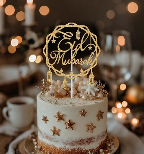 Eid Mubarak Cake Topper, Hajj Mubarak Decor, Muslim Islam Festival Anniversiry Party Decorations, Happy Ramadan Moon Star Eid Decoration Supplies Gold Glitter