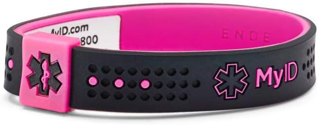 MyID Sport Medical ID Silicone Bracelet for Diabetes Epilepsy Asthma Autism and More (Small, Black/Pink)