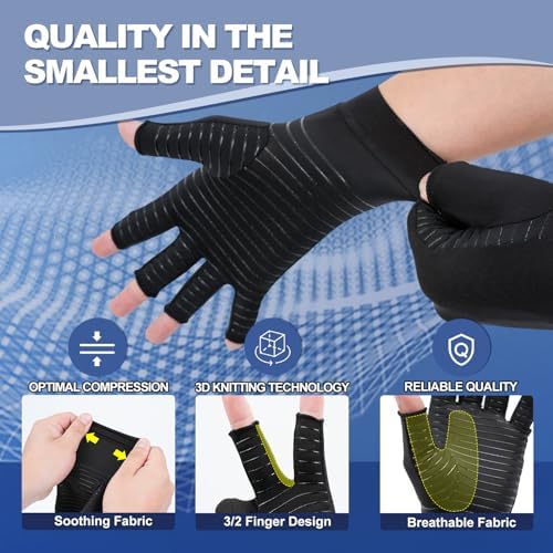DRNAIETY 2 Pairs Copper Arthritis Compression Gloves for Women and Men, for Arthritis Hand Pain, Anti-Slip, Fingerless, Comfortable for Work, Kept in Motion (Medium)
