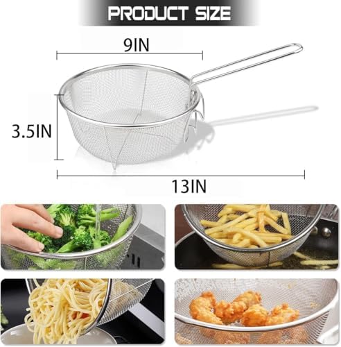 Stainless Steel Deep Fry Basket, 9inch Round Wire Fryer Basket for Frying Serving Food, French Chip Frying Basket with Folding Handle for Kitchen Frying (9Inch/Round)
