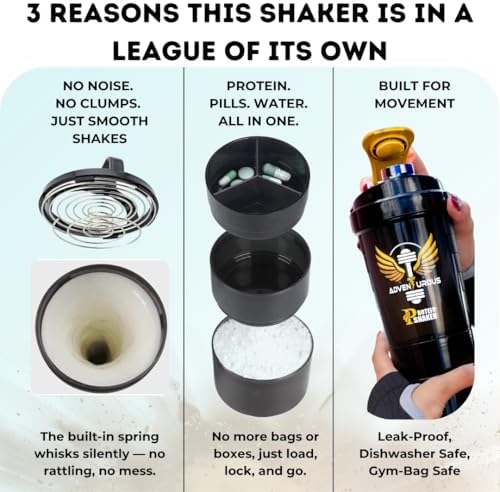 Protein Shaker Bottle with Storage for Powder & Pills – Leak-Proof, BPA-Free, Adventurous Smooth Mixing Shaker Cup for Protein Shakes, 16 oz, Black