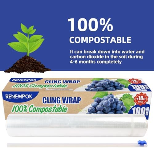 100% Compostable Plastic Wrap Dispenser With Slide Cutter 12 inch Food Service Cling Film Wrap Roll - 12" x 360 Ft ECO friendly Food Wrap(The Slide Cutter stored in The Inner core of The roll)