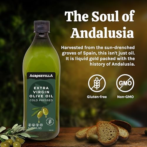 Agrosevilla Cold Pressed Extra Virgin Olive Oil, Spanish EVOO, Non GMO EVOO for Cooking, Dressing & Finishing, 1L