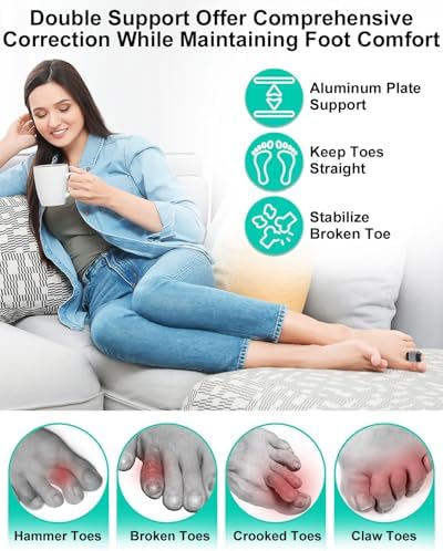 2Pcs Hammer Toe Straightener Broken Toe Splint with Removable Aluminum Plate and 2Pcs Fabric Wraps for Women & Men, Adjustable HammerToe Corrector for Curled & Bent Toe, Broken Support (Large)