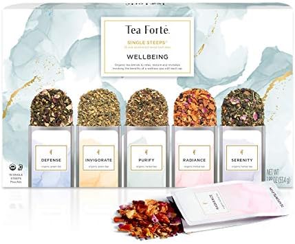 Tea Forte Single Steeps Loose Leaf Tea Sampler, Assorted Variety Tea Box, 15 Single Serve Pouches, Wellbeing Tea
