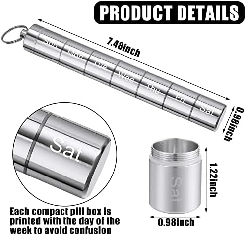 Vesici 2 Pack Metal Weekly Pill Organizer Travel Pill Container with Keychain 7 Day Weekly Waterproof Small Capsules Holder Case Box Stackable for Women Men Travel Outdoor(Black, Silver)